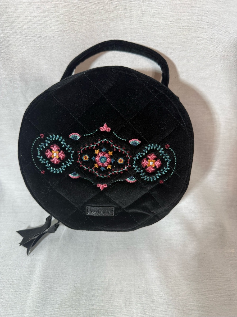 Vera Bradley Black Quilted Velvet Travel Round Bag with Colorful Embroidery